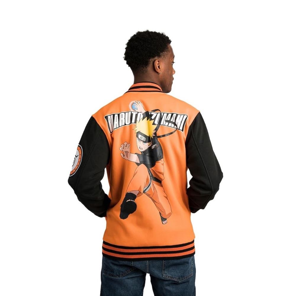 Men's Orange and Black Anime Naruto Graphic Bomber Jacket